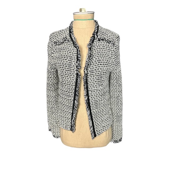 MNG Basics Black White Tweed Blazer Coco Inspired Fringed NWT Size XXS - Picture 1 of 4